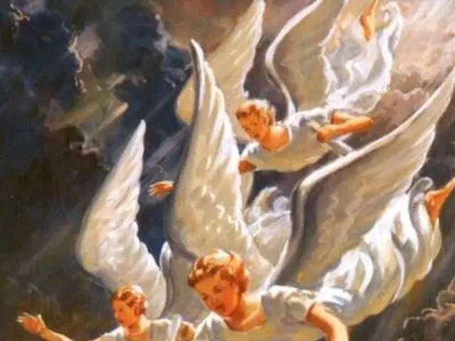 It is a painting,there are group of angels falling from the sky.