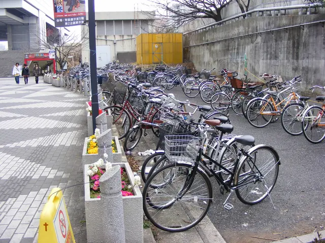 In the foreground of this image, on the right, there are bicycles on the road. On the left, there...
